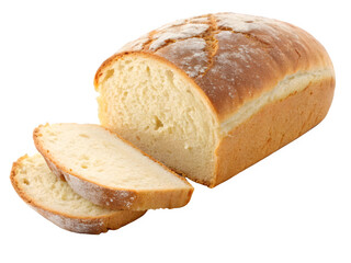 Freshly baked loaf of white bread with slices on a black background