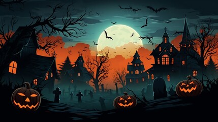 Halloween night haunted house spooky scene with pumpkins bats and full moon background illustration