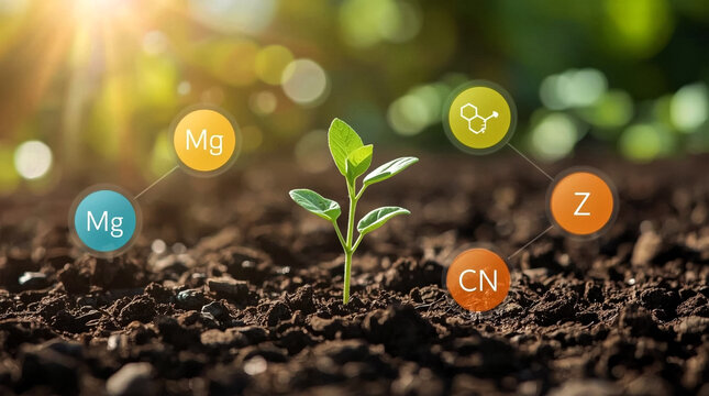 Young plant seedling growing in rich soil surrounded by colorful icons representing essential plant nutrients and sunlight