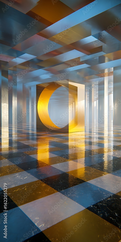 Poster abstract geometric architecture with gold and reflective surfaces, creating a modern and futuristic 