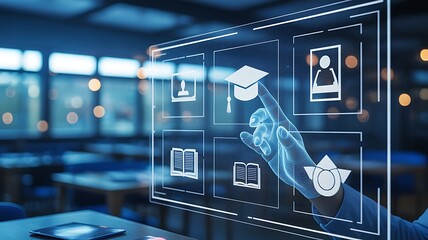 Innovative education technology digital learning platform showcasing interactive virtual interface and hand interaction in a modern environment for enhanced user experience