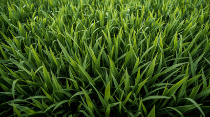 Lush green wheat field stretching towards the horizon under soft natural light showcasing healthy growth and vibrant color