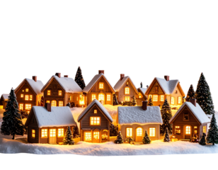 Whimsical Miniature Village with Glowing Windows Under Full Moon and Starry Sky, Front View, Isolated PNG