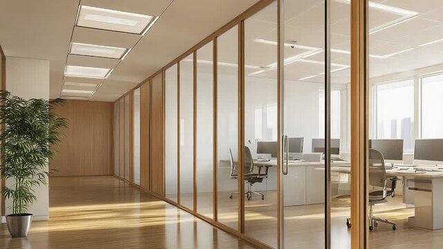 Modern office interior with glass and wood partitions showing desks and computers