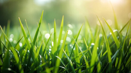 Sunlight filters through lush green grass blades creating a vibrant and serene natural outdoor scene