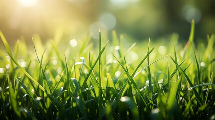 Sunlight filters through dew kissed green grass blades creating a serene and vibrant natural landscape
