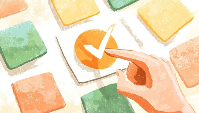 Digitally painted top-down view of hand selecting sticky note with a checkmark
