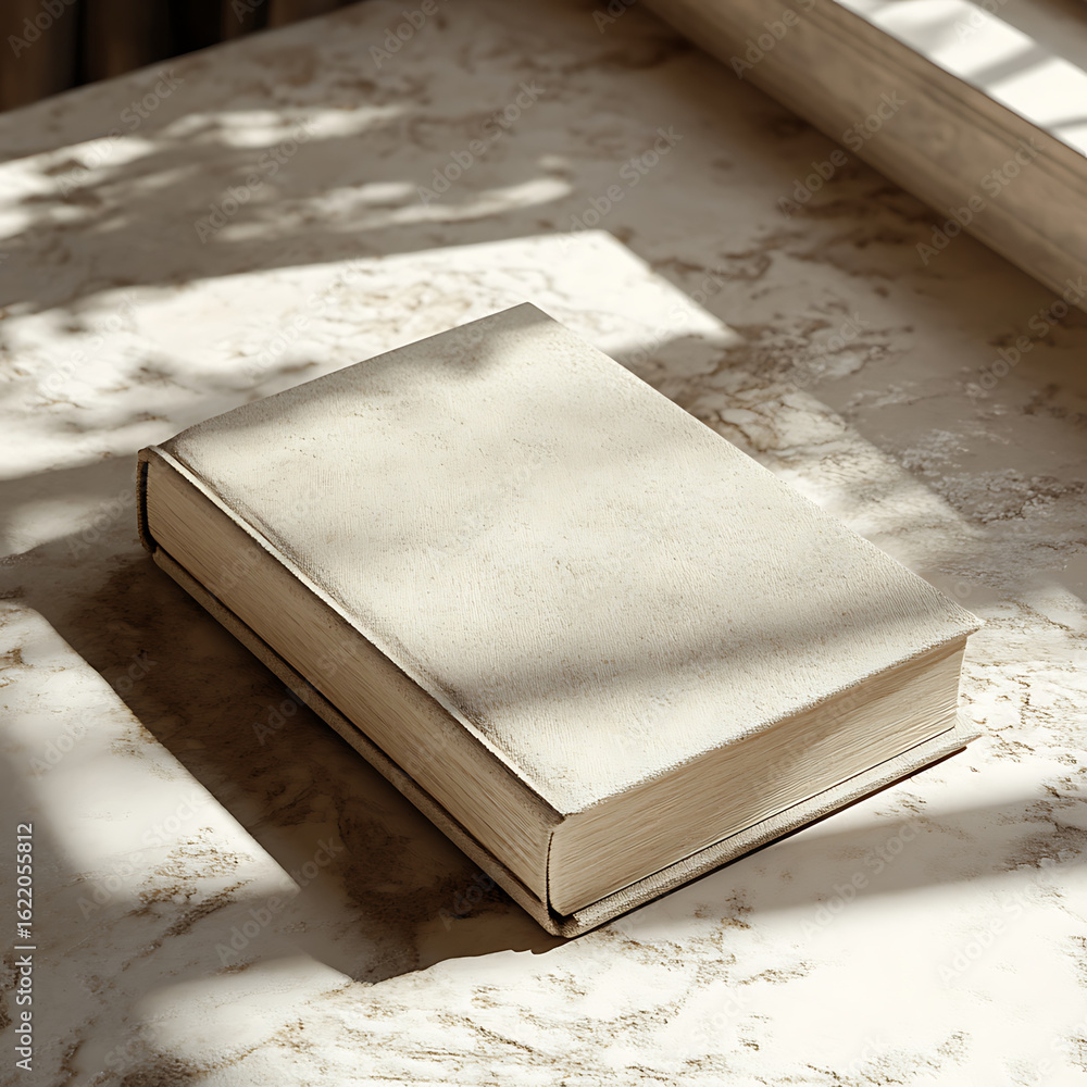 Poster Closed book rests on textured surface, illuminated by soft sunlight casting gentle shadows. neutral color palette creates calm and serene atmosphere, inviting contemplation