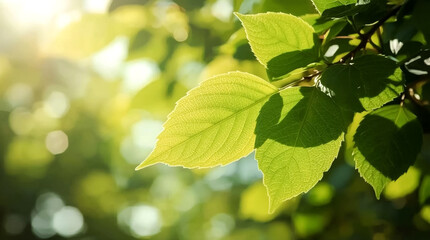 Sunlight filtering through lush green leaves creating a soft dappled light effect in a natural outdoor setting