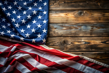 An american flag is draped over a rustic wooden surface