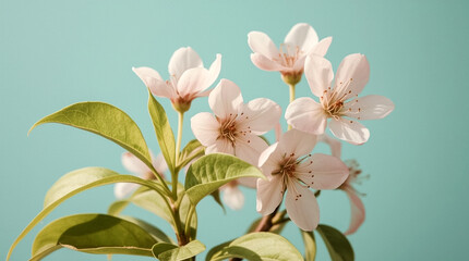 Delicate pale pink blossoms with green leaves against a soft teal background showcasing natural beauty and springtime