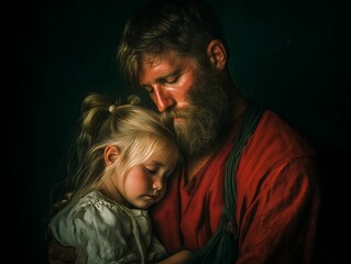 Fototapeta premium Father hugging sleeping daughter with tender moment, love, care, family, connection, and dark background.