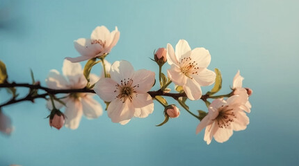 Delicate pale pink cherry blossoms bloom on a branch against a soft hazy blue sky