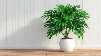 Bright Palm Tropical Plant in White Pot Against White Wood Paneling.
