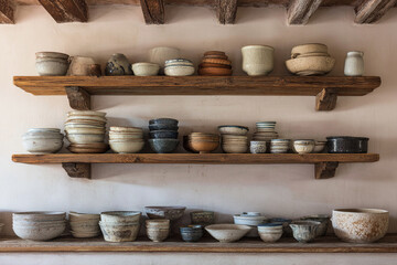 Ceramic bowls and pottery displayed on rustic wooden shelves against a white wall