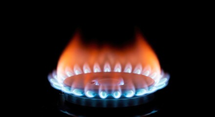 Close-up of a gas stove burner with flames in orange and blue.