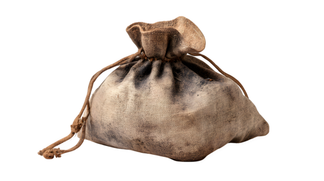 Old mortar bag, empty, dried residue, canvas texture, isolated on Transparent background