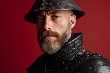 Portrait of a bearded man in medieval armor, showcasing strong facial features and intense gaze against a vibrant red backdrop