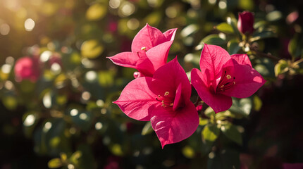 Vibrant pink azalea blossoms bathed in golden sunlight with soft bokeh background