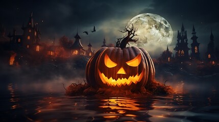 Halloween pumpkin jack o lantern spooky night full moon haunted house background halloween season october