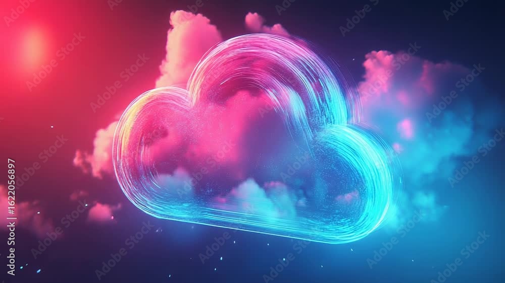 Poster cloud computing symbol glowing in colorful sky with digital particles