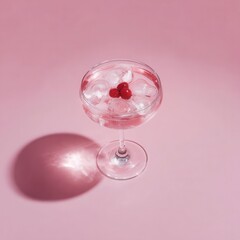 A pink cocktail in an elegant glass, on the top of it is ice and a red berry pastel background minimalist photography
