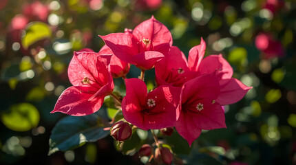 Vibrant pink bougainvillea blossoms bathed in warm sunlight with a softly blurred green background