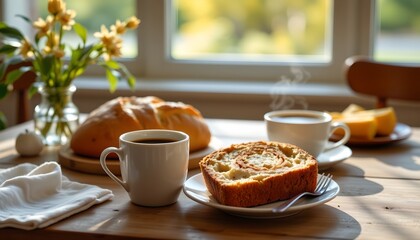 a cozy breakfast setting at a window table. a cup of coffee sits alongside a plate of sliced bread topped with butter, suggesting a simple yet comforting morning meal