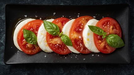 Caprese salad with tomato, mozzarella, and basil on a sleek black plate