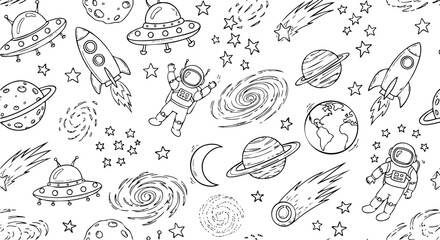 Seamless space pattern with hand drawn elements, astronaut, rocket, planets, ufo, stars, galaxy, comet, moon