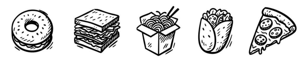 Hand drawn fast food doodle illustration featuring pizza burrito donut noodles and sandwich vector graphic 100