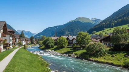 Peaceful Swiss village with a river, lush hills, and mountain views