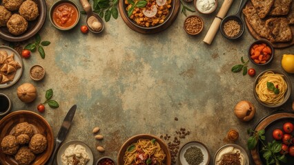 Top down cozy food scene on vintage backdrop with warm earthy tones and free copy space