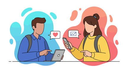 Illustration of two students using devices to communicate and share, ideal for educational websites or presentations.