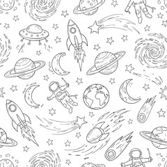 Seamless space pattern with planets, rockets, astronauts, stars, ufo, comets, moon, galaxy, earth drawing
