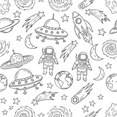 Seamless space pattern with astronauts, planets, rockets, stars, and ufo for kids coloring book design