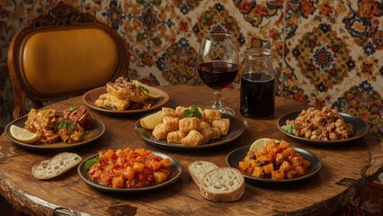 Colorful Spanish tapas on a rustic table with wine in warm, golden light