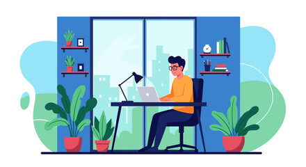Man working from home office with laptop, plants, and city view. Ideal for website banners, blog posts, or remote work articles.