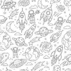 Seamless space pattern with planets, rockets, astronauts, stars, galaxies, and ufo doodles for kids design