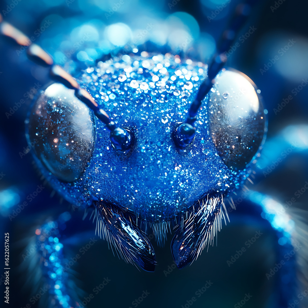 Poster close up view of blue ant with shimmering silver eyes, showcasing intricate details and textures. vi