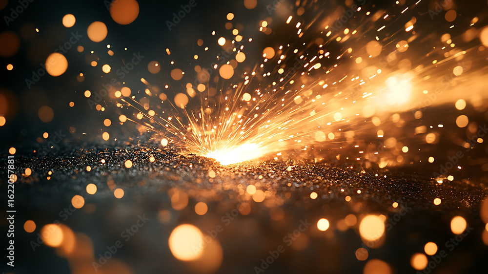 Poster close up shot of forge with bright sparks flying through air, creating mesmerizing display of molten