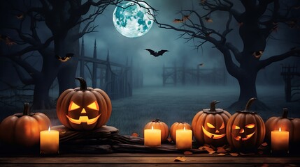 Spooky halloween night with pumpkins candles and bats under a full moon halloween background scene image