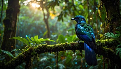 Obraz premium Exotic bird perched on a branch in lush rainforest.