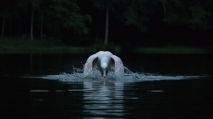Naklejka premium Mute Swan Landing on Dark Lake Surface, Wings Spread