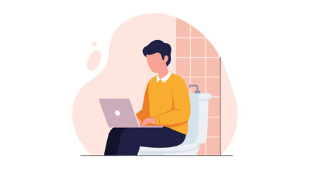 Man working on laptop while sitting on toilet - perfect for articles about work-life balance, remote work challenges, or humorous illustrations.
