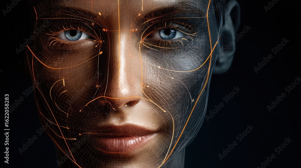 Poster facial symmetry analysis with anatomical sketch overlay and highlighted features showcasing symmetry