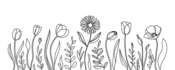 Minimalist floral illustration featuring tulips, daisies, and poppies in elegant black line art style symbolizing nature, simplicity, and botanical beauty