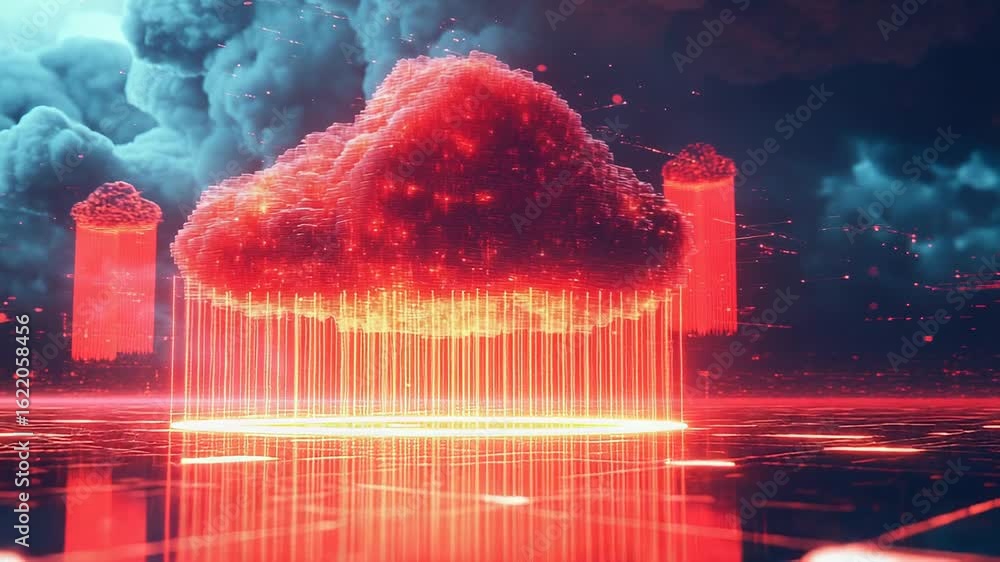 Poster red cloud computing data transferring to futuristic city with digital lines