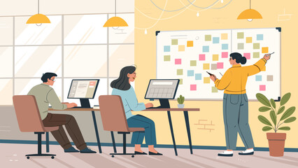 A diverse team collaborates in a bright, modern office, brainstorming ideas and planning strategies using sticky notes on a whiteboard for project management.