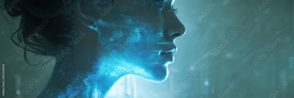 Poster futuristic lab showcasing digital aging reversal in a glowing female profile with an ethereal aura a